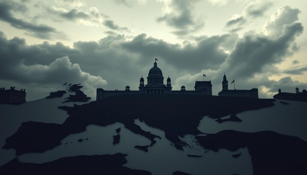 A high-resolution, detailed digital illustration depicting the geopolitical landscape of European Union sanctions. In the foreground, a world map rendered in a subdued, muted color palette, with economic and political tensions represented by sharp, angular lines crisscrossing between nations. In the middle ground, imposing silhouettes of government buildings and diplomatic institutions, their facades subtly etched with symbols of power and influence. In the background, an ominous sky tinged with shades of gray, hinting at the complex, shifting global dynamics at play. Dramatic chiaroscuro lighting casts dramatic shadows, creating a sense of gravity and unease. The overall composition conveys a sense of the multifaceted, high-stakes nature of the EU's sanction policies and their far-reaching geopolitical implications.