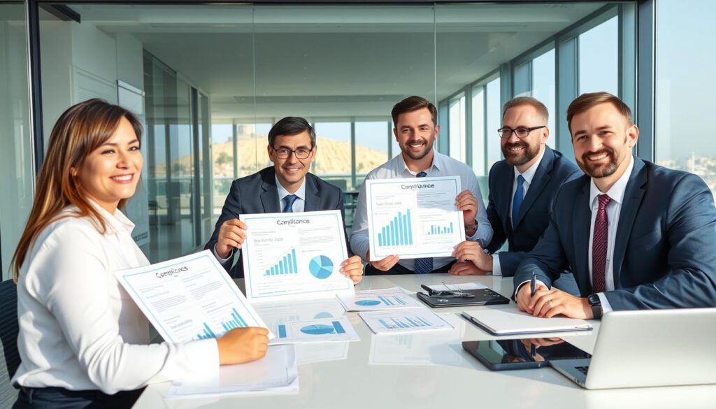 Cyprus business executives reviewing successful compliance implementation results