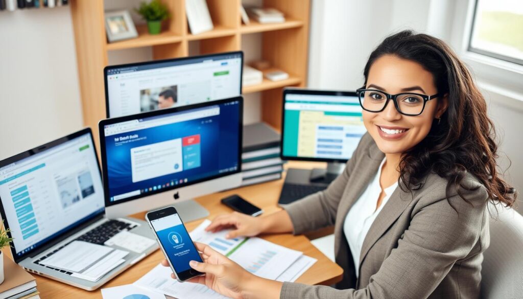 Person confidently managing finances online with multiple banking apps