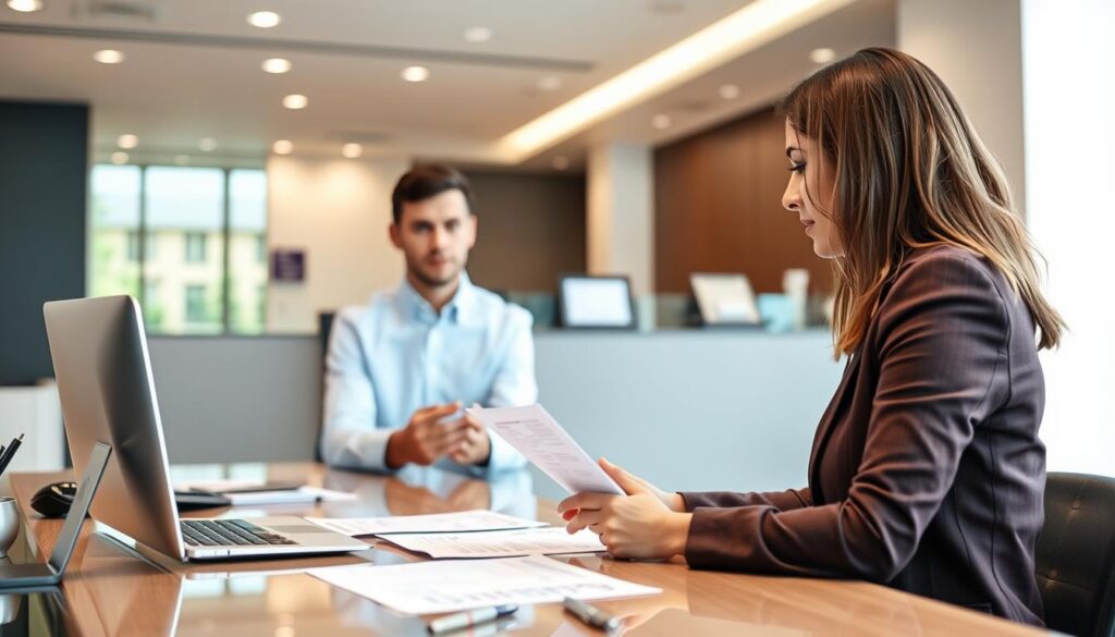 Person reviewing bank account documents with a banker