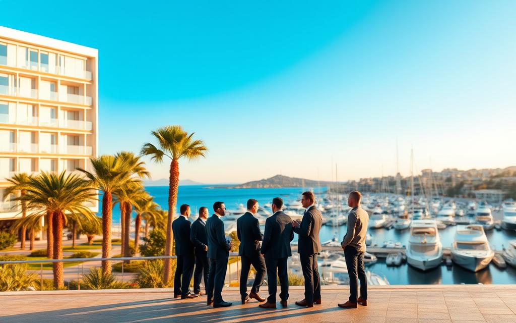 A picturesque seaside landscape, with a modern office building in the foreground, surrounded by swaying palm trees and a brilliant azure sky. In the middle ground, a group of businesspeople in formal attire, engaged in a lively discussion, symbolizing the thriving business environment. In the background, a serene harbor filled with yachts, representing the global connectivity and international appeal of Cyprus as an offshore company formation destination. Warm, golden lighting accentuates the scene, creating a sense of prosperity and opportunity. The image conveys the benefits of establishing an offshore company in Cyprus - a stable, business-friendly environment with a strategic location, favorable tax regime, and high quality of life.