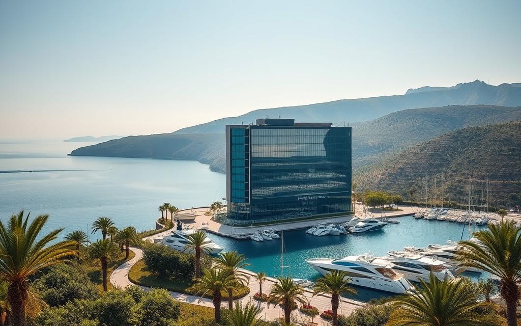 Serene coastal landscape in Cyprus, showcasing an elegant, modern offshore company building nestled between the turquoise waters of the Mediterranean and lush, rolling hills. The sleek, glass-and-steel structure stands tall, reflecting the sun's rays with a sophisticated, professional aura. Surrounding the building are carefully manicured gardens, adorned with Mediterranean flora. A private marina with luxurious yachts anchored nearby, emphasizing the island's international business and leisure appeal. Soft, diffused lighting casts a warm, inviting glow, while a slight breeze rustles the palm trees, creating a tranquil, prosperous atmosphere.